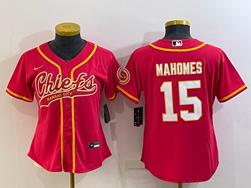 Women's Kansas City Chiefs #15 Patrick Mahomes Red With Patch Cool Base Stitched Baseball Jersey(Run Small)